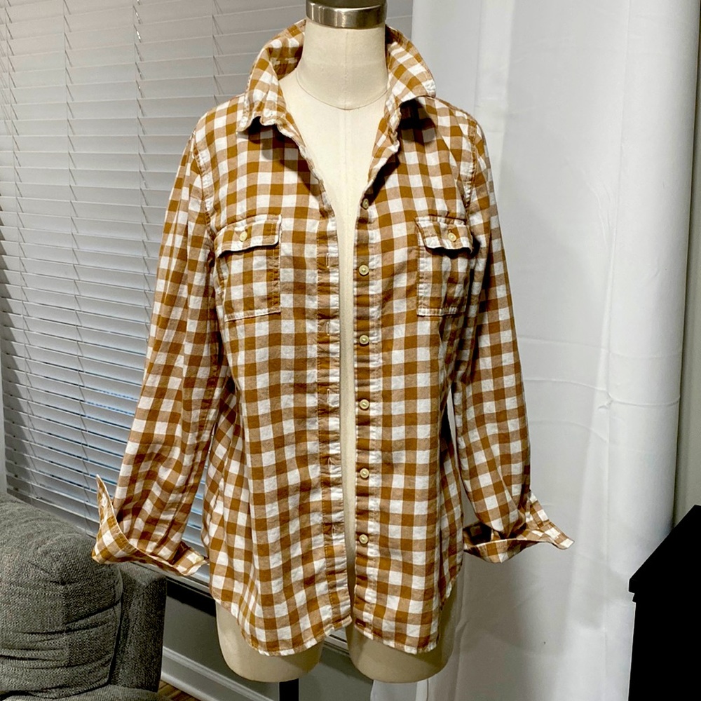 ON 100% Cotton Tan Off White Buffalo Check Button Down Top MEDIUM